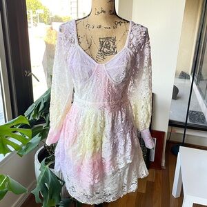 LoveShackFancy Ombré Lace Ruffled V-Neck Long Sleeve Sundress